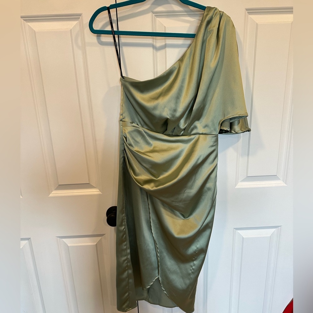 Sage green satin one shoulder midi dress